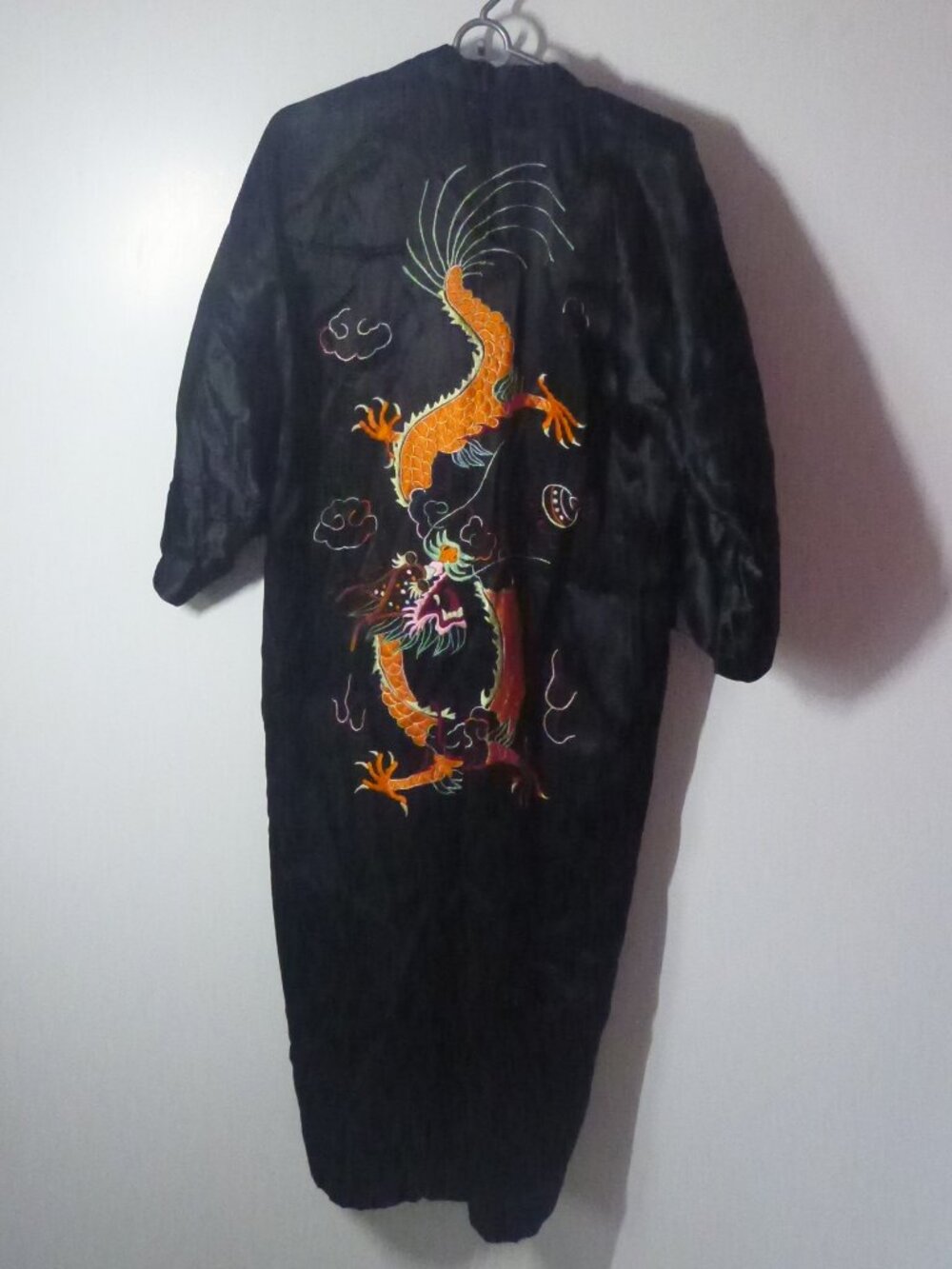 Vintage Black Silk Embroidered Dragon Robe Kimono Jacket
